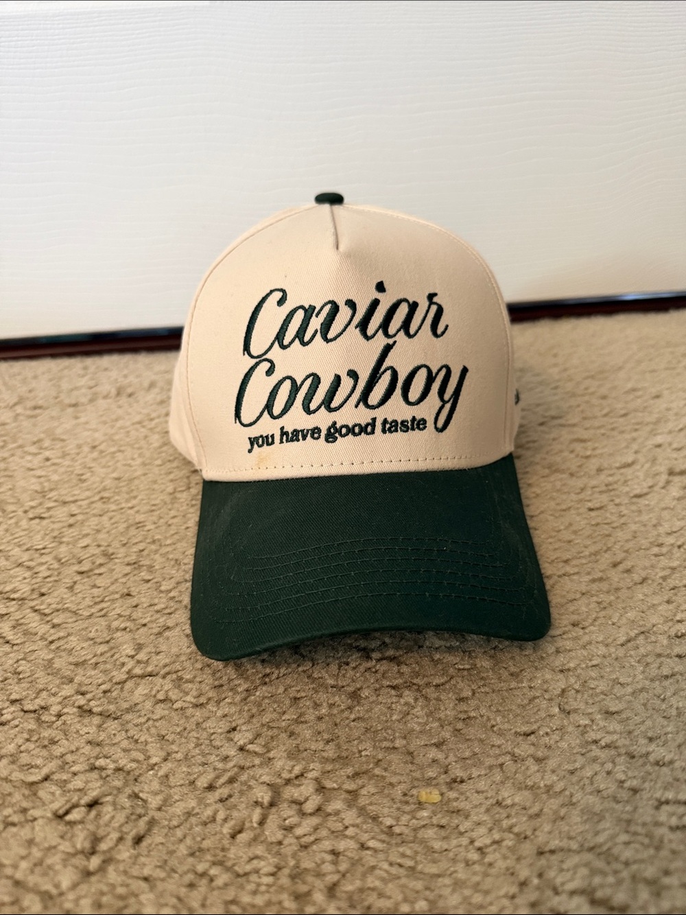 Caviar Cowboy Two-Tone Baseball Cap in Cream and Dark Green